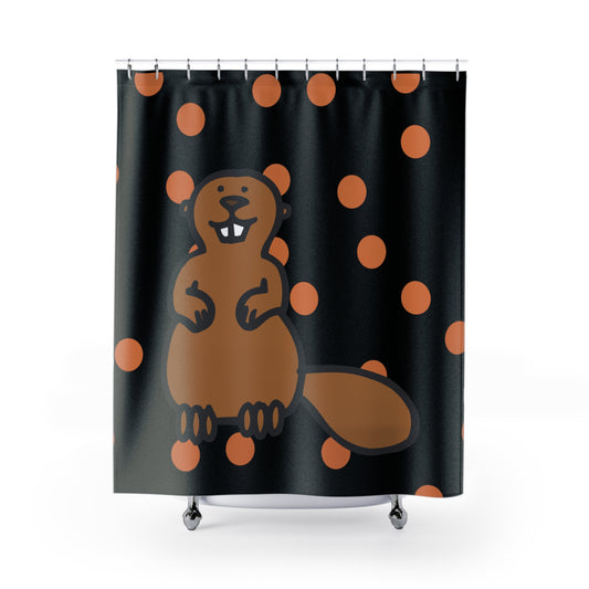Front view of black and orange polka dot shower curtain with subtle beaver-inspired design