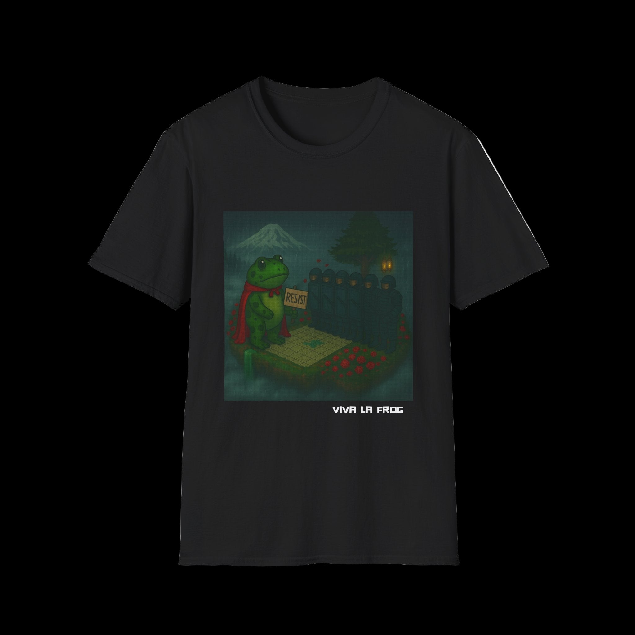 Front view of red-caped frog holding “RESIST” sign on floating island with riot police and Mt. Hood in background