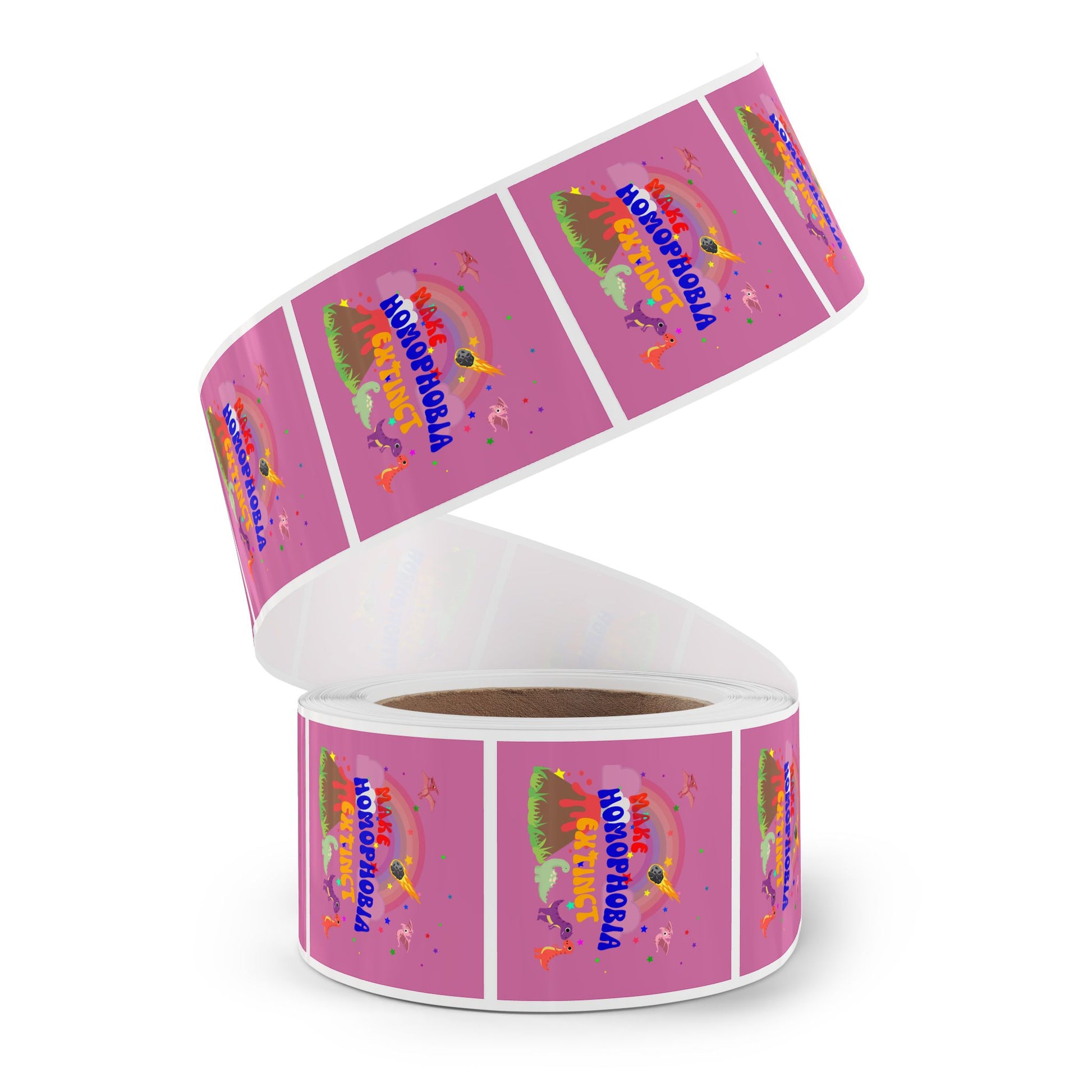 Cute pastel pink dinosaur sticker with “Make Homophobia Extinct” in strong lettering—spreading love and inclusivity.