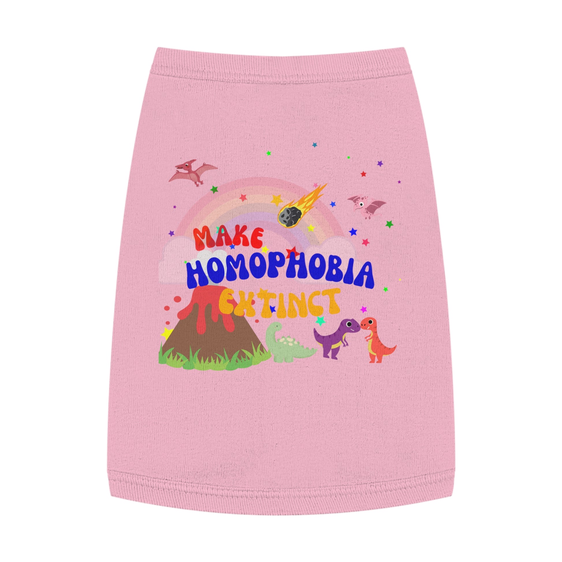 Pastel pink Pride t-shirt showcasing a happy dog and a dinosaur alongside “Make Homophobia Extinct” slogan—expressive, stylish, and empowering.