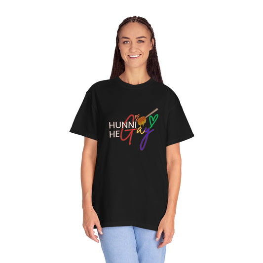 Classic black “Hunni He Gay” t-shirt with crisp white lettering—modern, confident, and full of LGBTQ+ pride