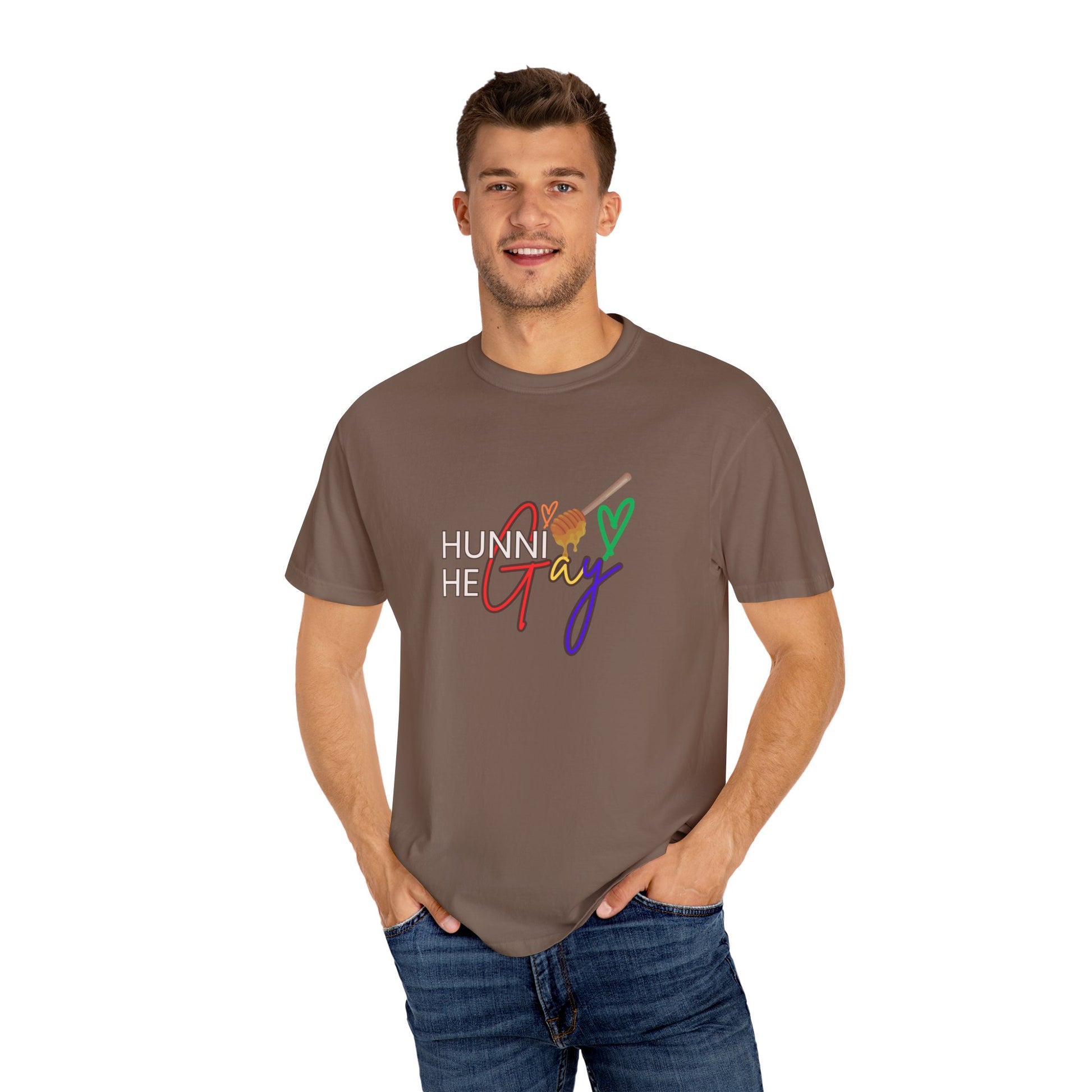 Deep brown crew-neck t-shirt featuring “Hunni He Gay” in bold font—perfect for a sleek and confident Pride look