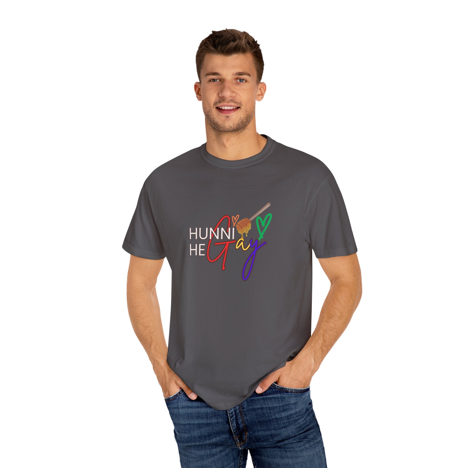 Dark gray crew-neck Pride t-shirt featuring “Hunni He Gay” in striking font—perfect for casual yet bold LGBTQ+ fashion.