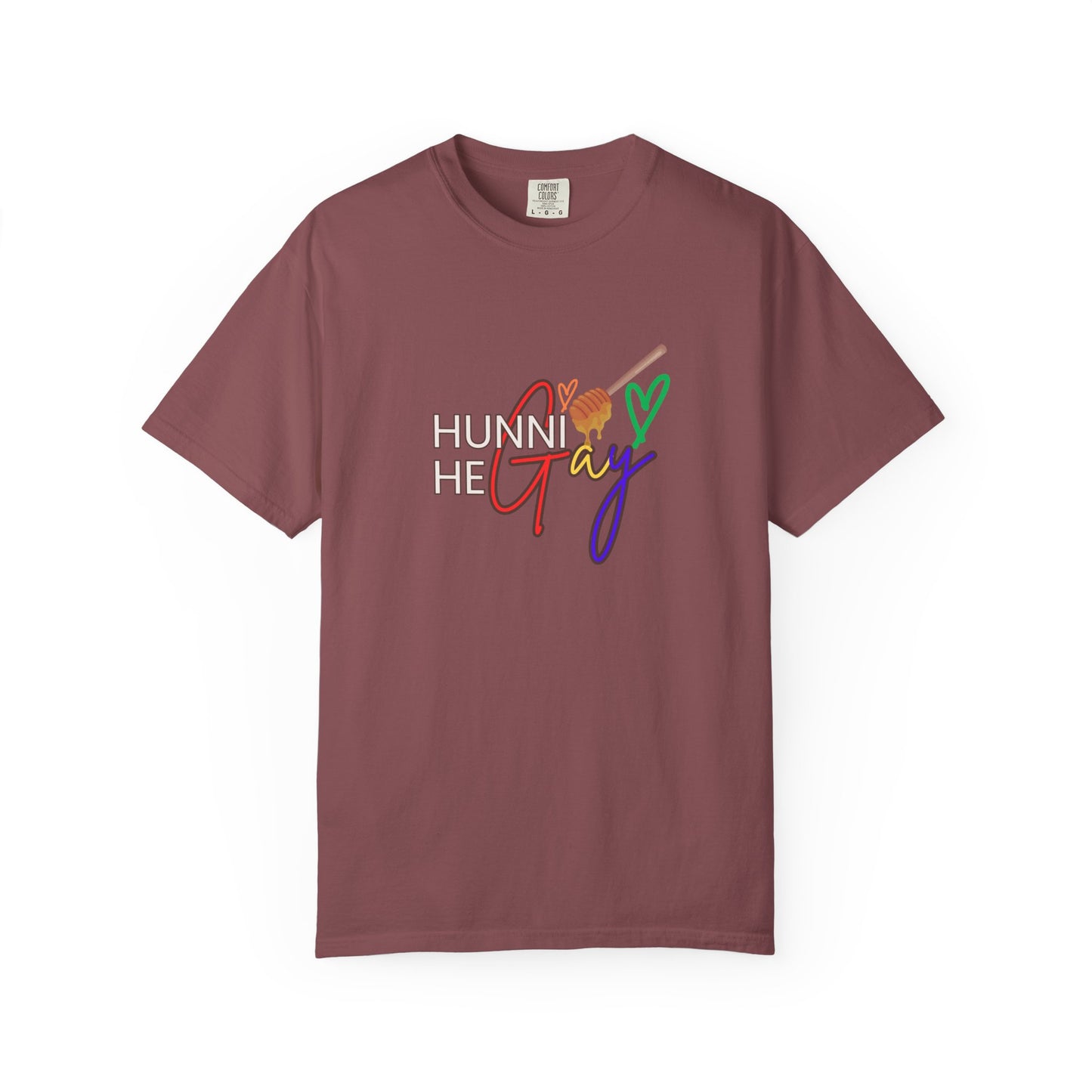 Dark purple crew-neck t-shirt featuring “Hunni He Gay” in standout font—bold, confident, and effortlessly cool