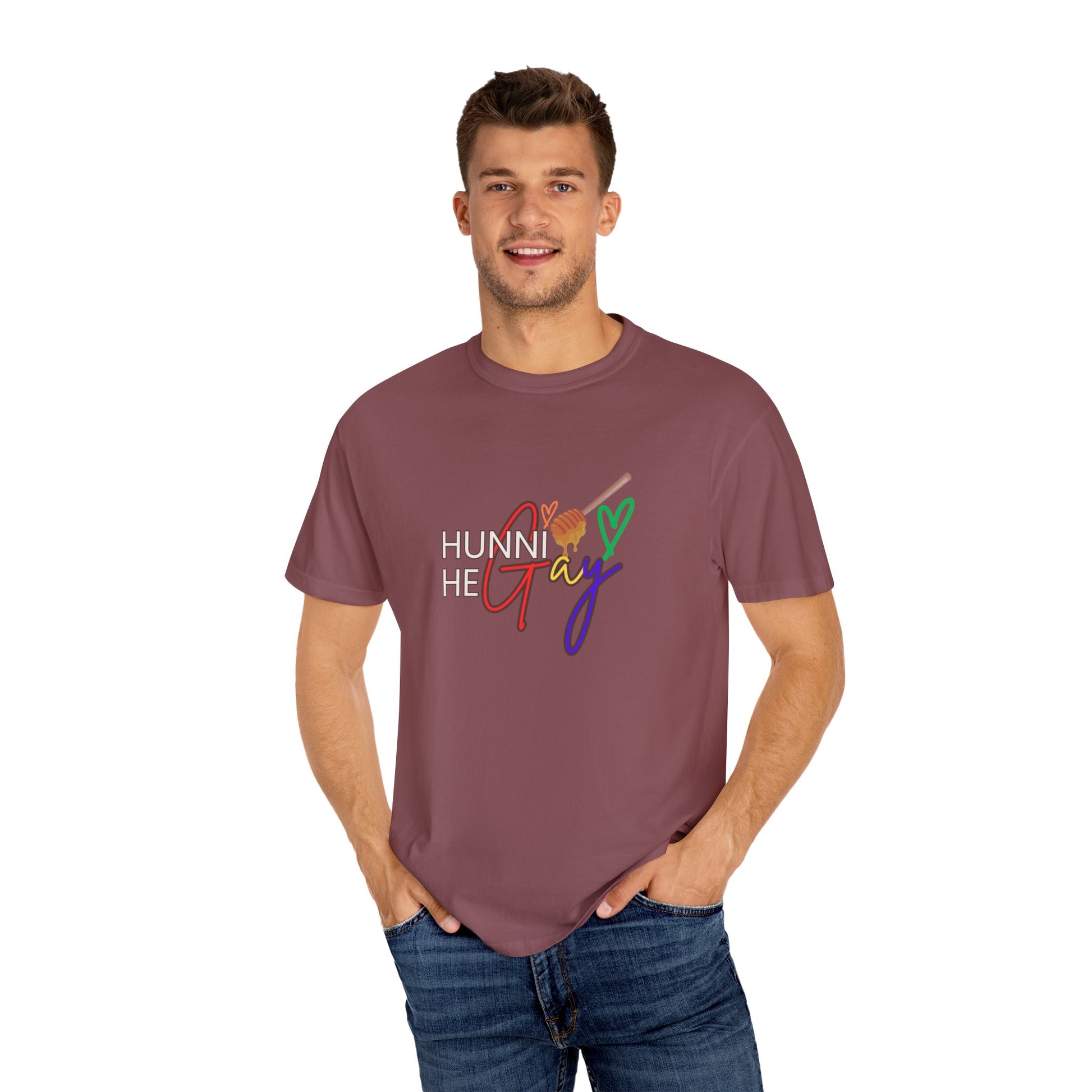 Bold violet crew-neck t-shirt featuring “Hunni He Gay” in strong typography—perfect for a sleek and expressive Pride look.