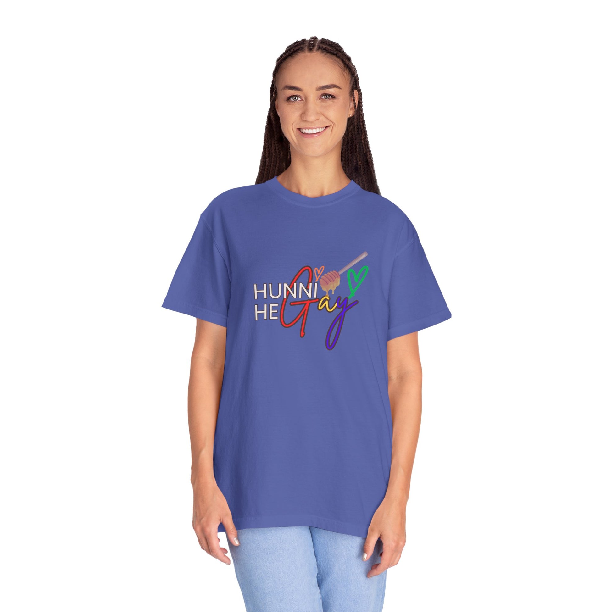 Deep indigo crew-neck t-shirt featuring “Hunni He Gay” in bold font, blending rich tones with self-expression.