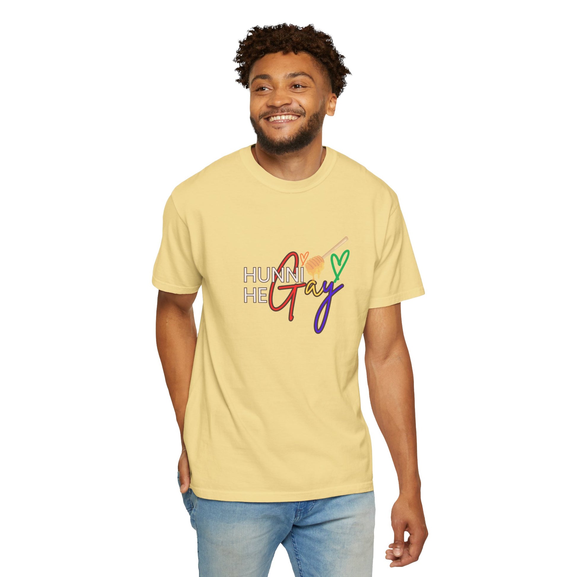 Warm pastel yellow crew-neck t-shirt featuring “Hunni He Gay” in standout typography—LGBTQ+ pride with a bright, joyful twist.