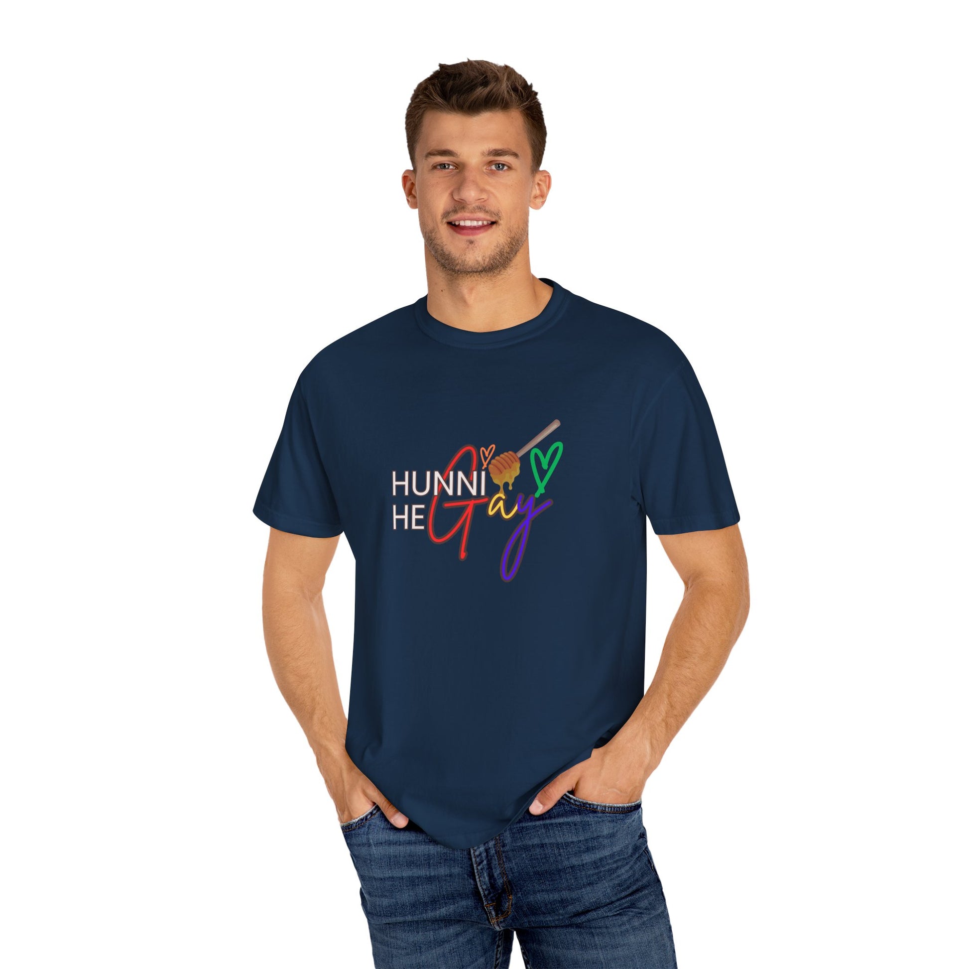 Bold dark blue crew-neck t-shirt featuring “Hunni He Gay” in standout typography—LGBTQ+ pride with a sleek edge.