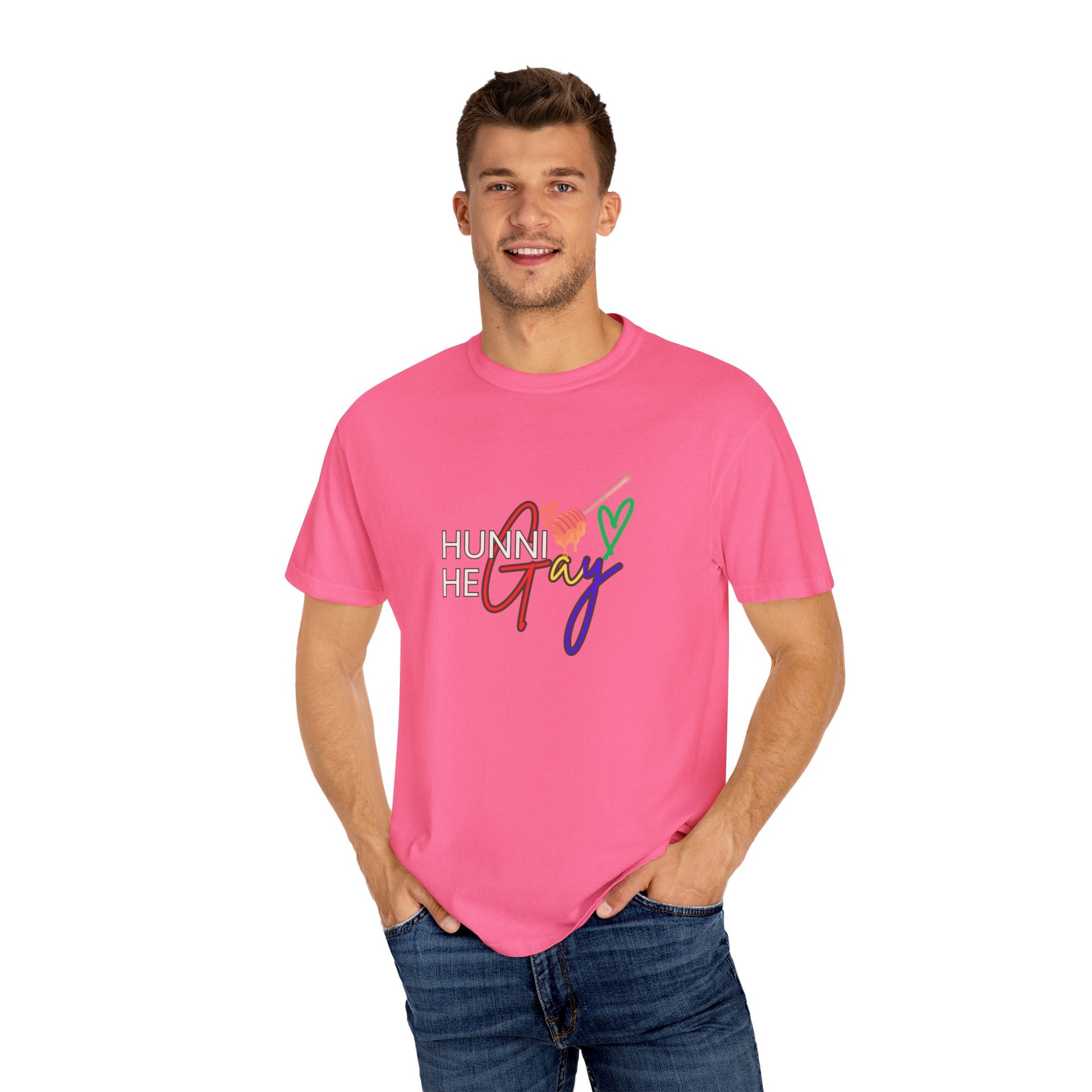 Eye-catching neon pink crew-neck t-shirt featuring “Hunni He Gay” in strong typography—perfect for Pride celebrations and everyday boldness.
