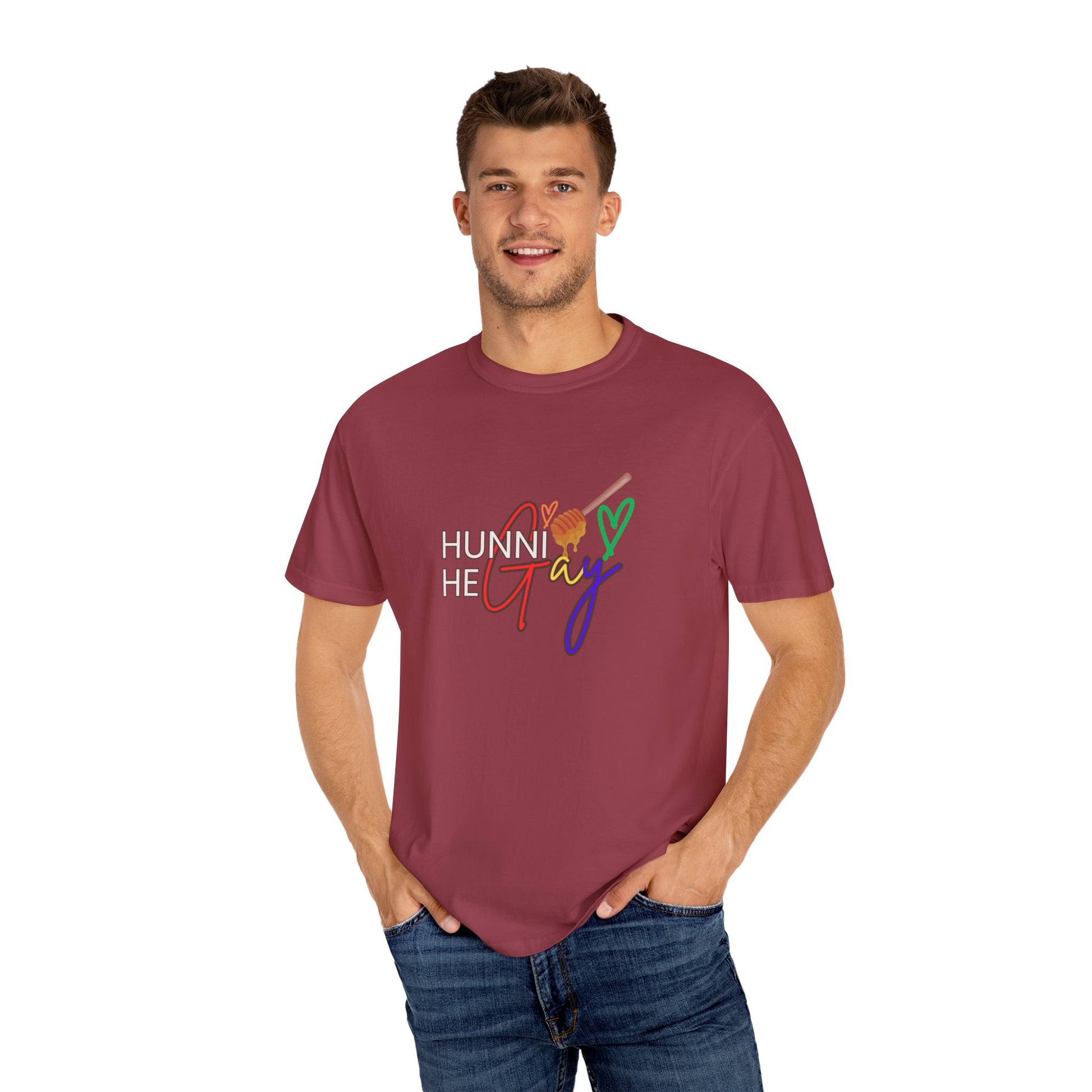 Classic crew-neck Pride t-shirt in deep red, featuring the playful phrase “Hunni He Gay” for a stylish statement.