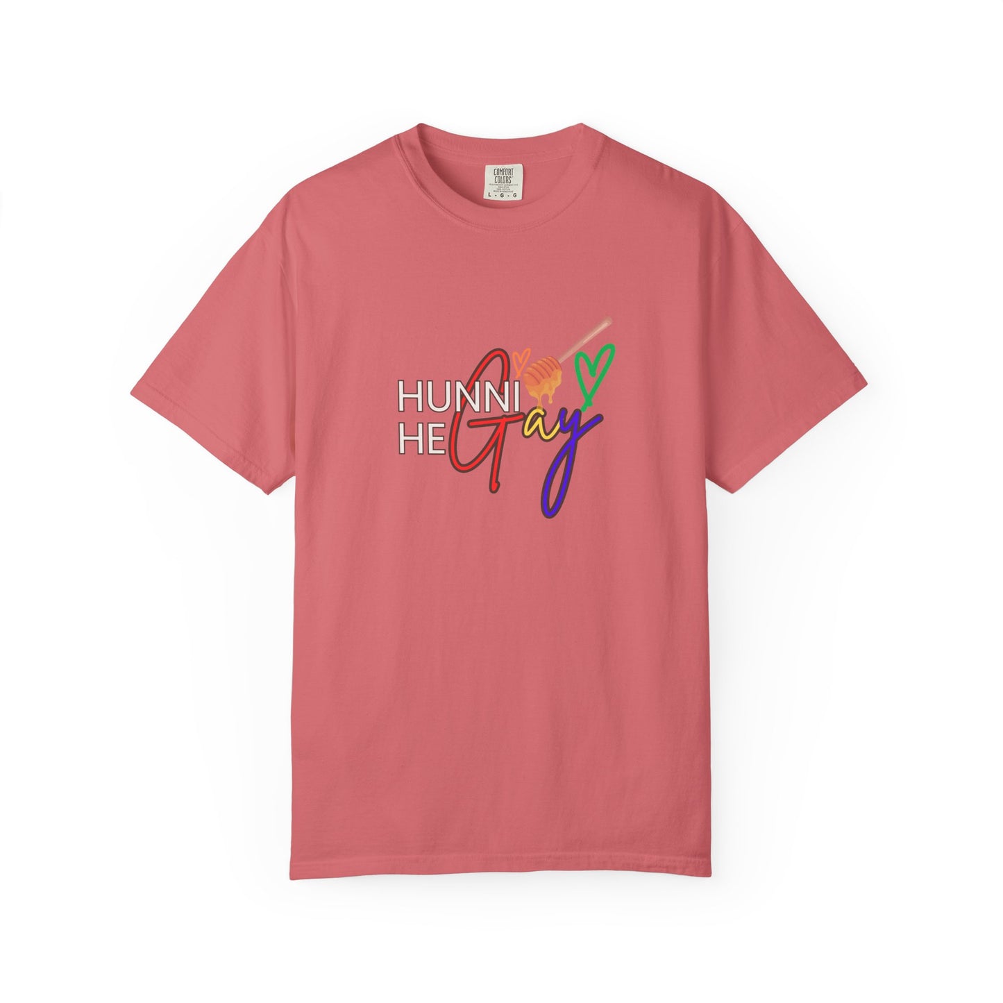 Rosy pink crew-neck t-shirt featuring “Hunni He Gay” in strong typography—soft, stylish, and expressive.
