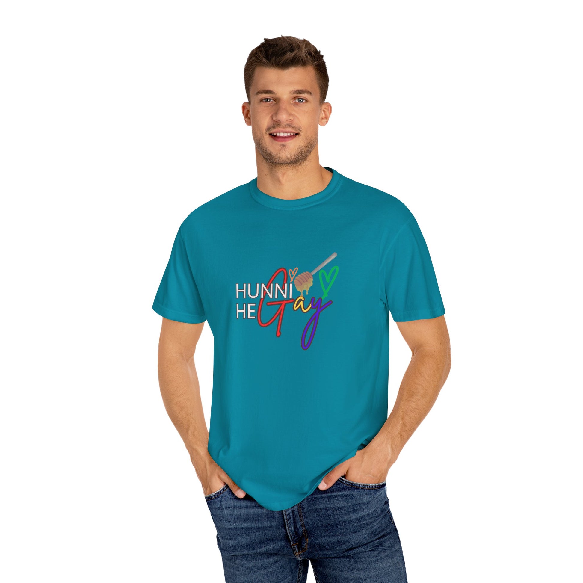 Deep teal crew-neck t-shirt featuring “Hunni He Gay” in eye-catching font—LGBTQ+ pride with a modern twist.
