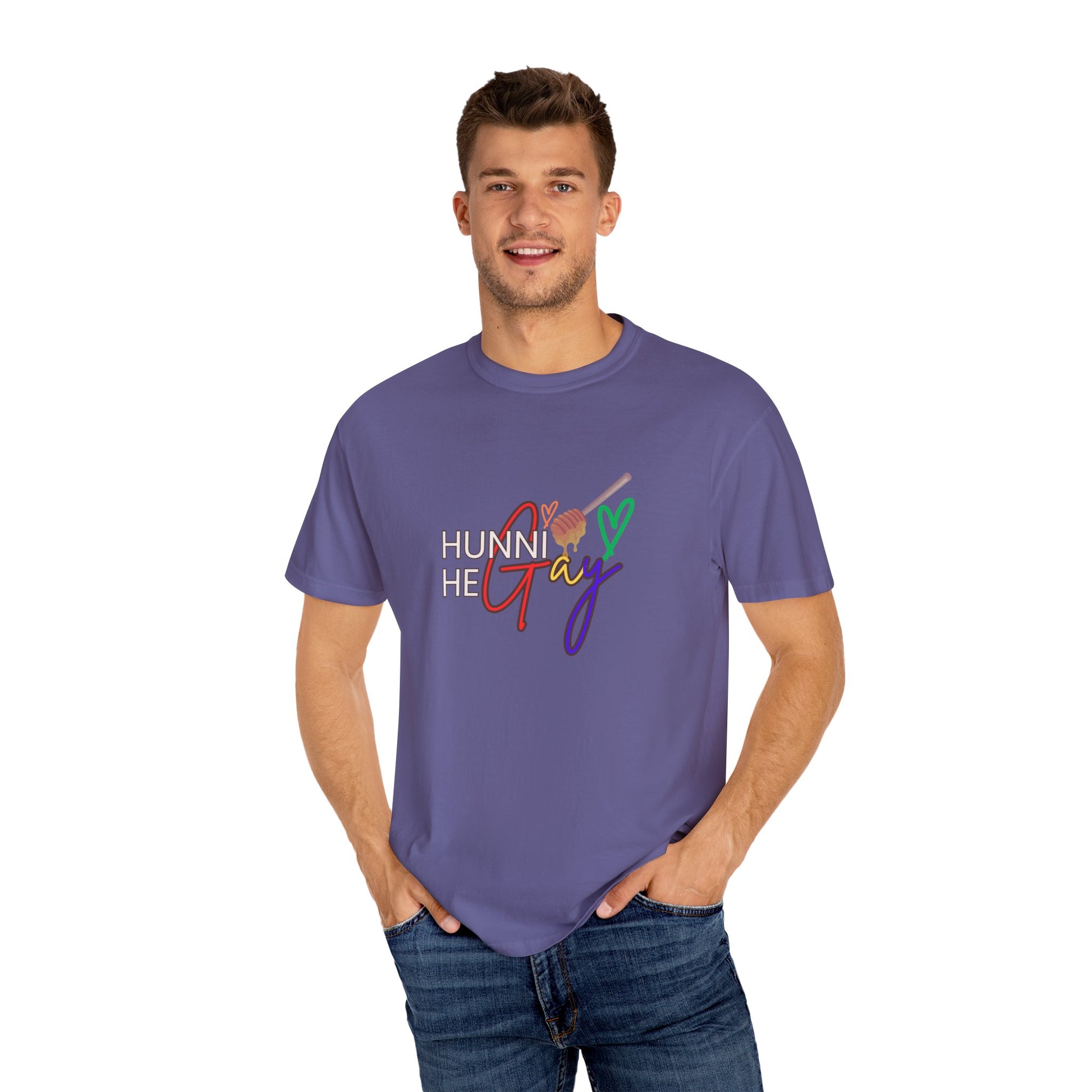 Deep violet crew-neck t-shirt featuring “Hunni He Gay” in eye-catching text—perfect for LGBTQ+ expression.