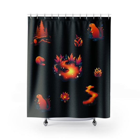 Front view of orange and black psychedelic shower curtain with abstract dam-inspired pattern