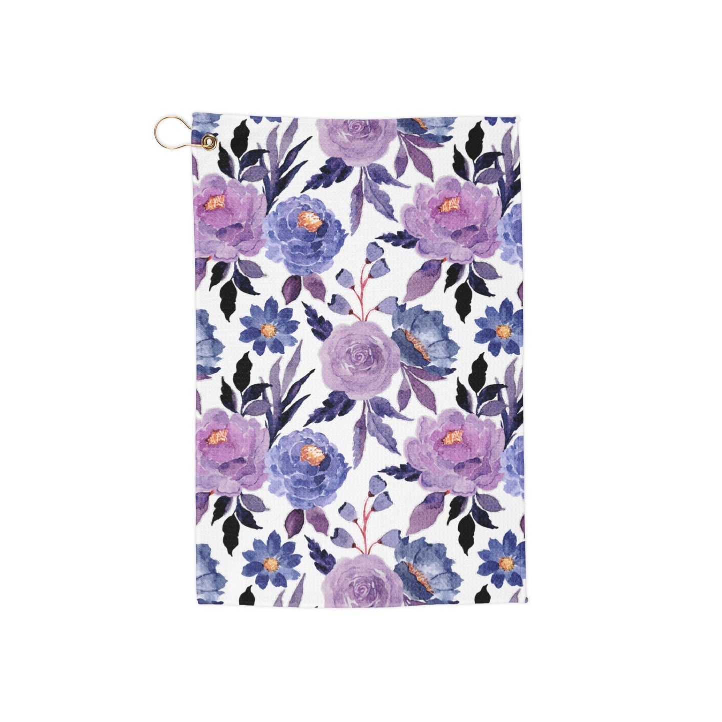 A rich purple floral golf towel featuring elegant blooms in deep violet hues. A sophisticated and stylish accessory with a vintage twist.