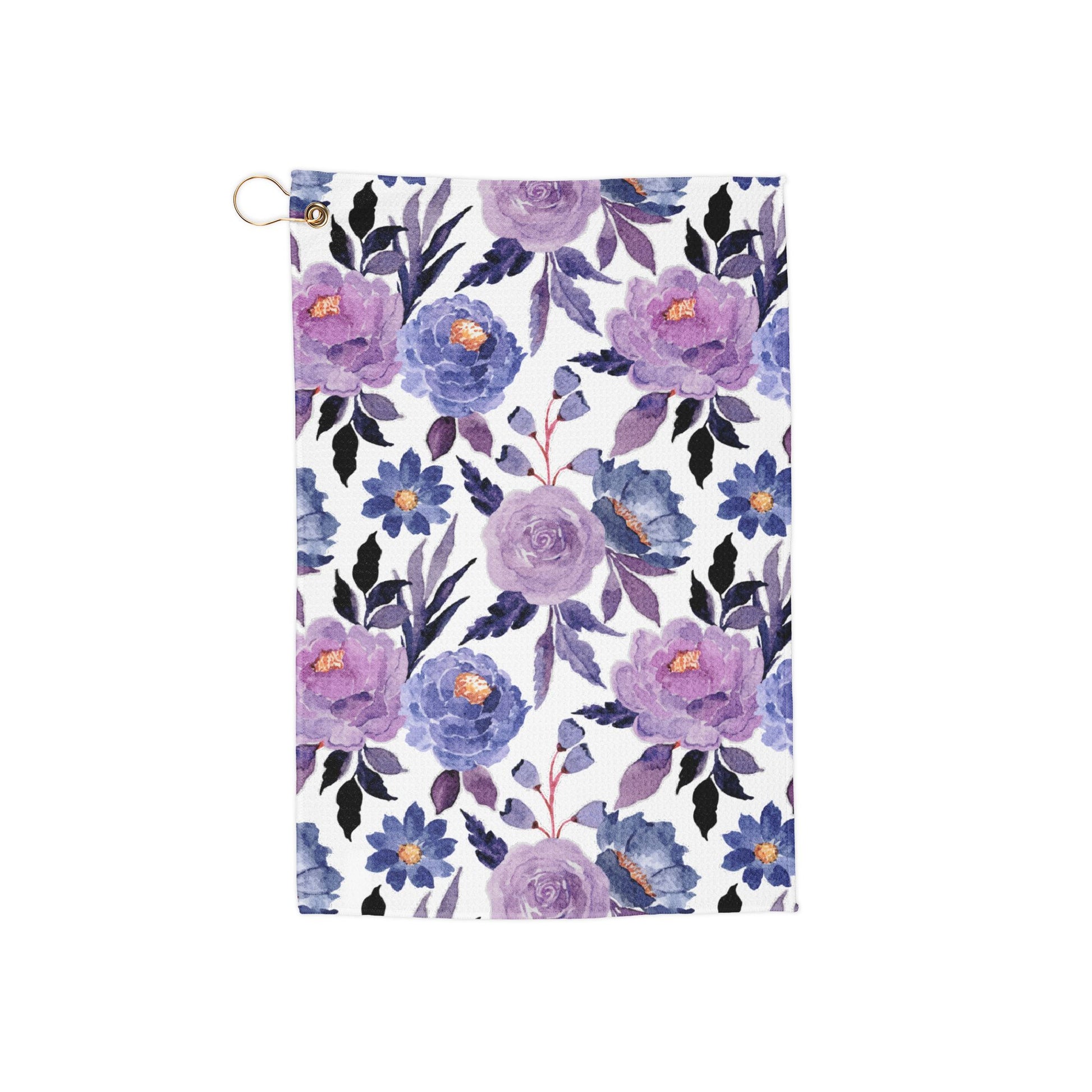 A rich purple floral golf towel featuring elegant blooms in deep violet hues. A sophisticated and stylish accessory with a vintage twist.