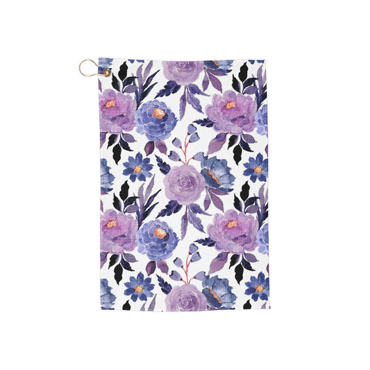 A rich purple floral golf towel featuring elegant blooms in deep violet hues. A sophisticated and stylish accessory with a vintage twist.