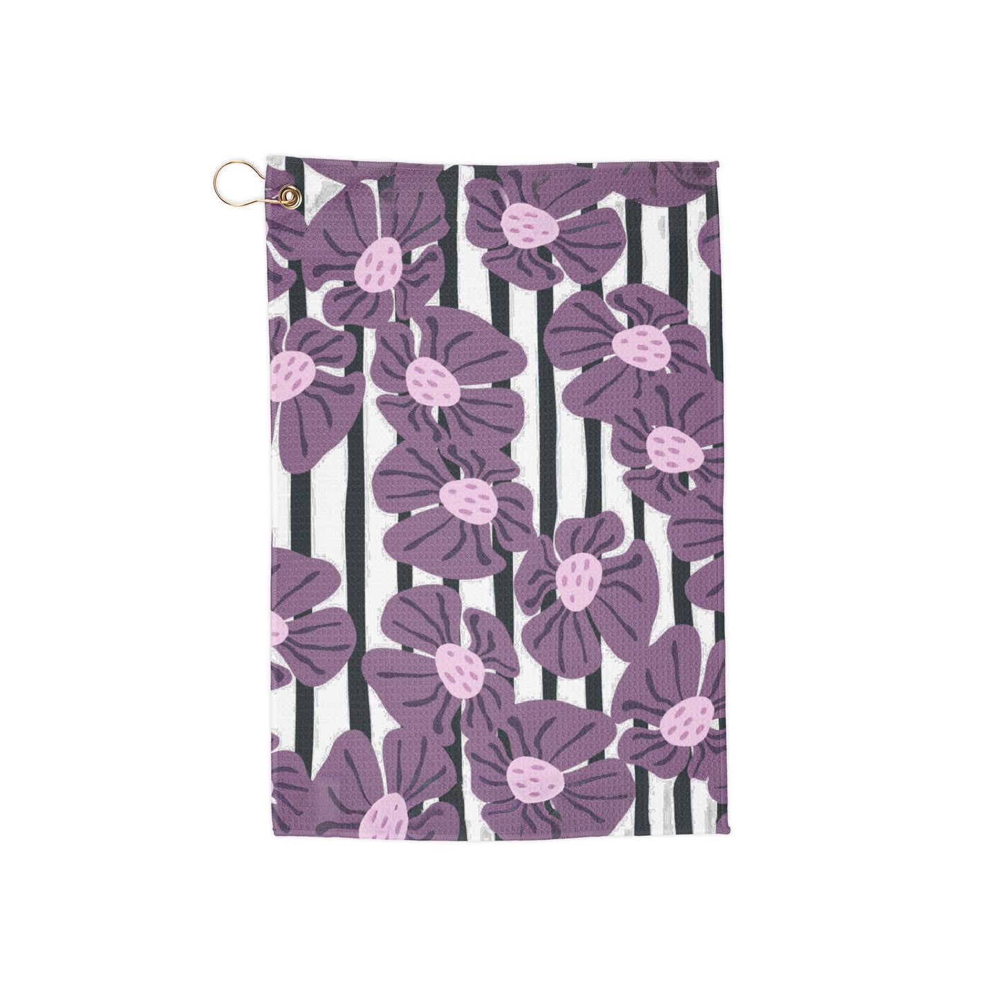 A floral-striped golf towel blending rich purple blooms with sleek, modern stripes—classic elegance meets bold retro vibes.