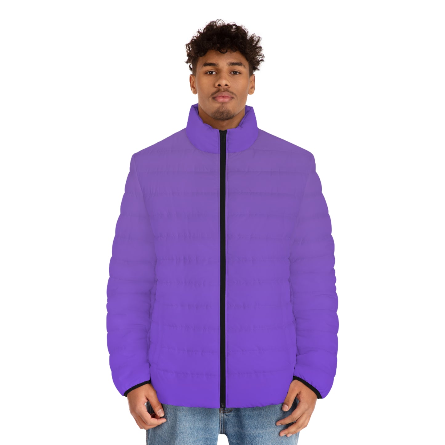 Front view of purple puffer coat with high-shine finish and zip-up closure, styled with jeans and sneakers—ideal for gameday layering in Seattle.