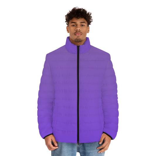 Front view of purple puffer coat with high-shine finish and zip-up closure, styled with jeans and sneakers—ideal for gameday layering in Seattle.