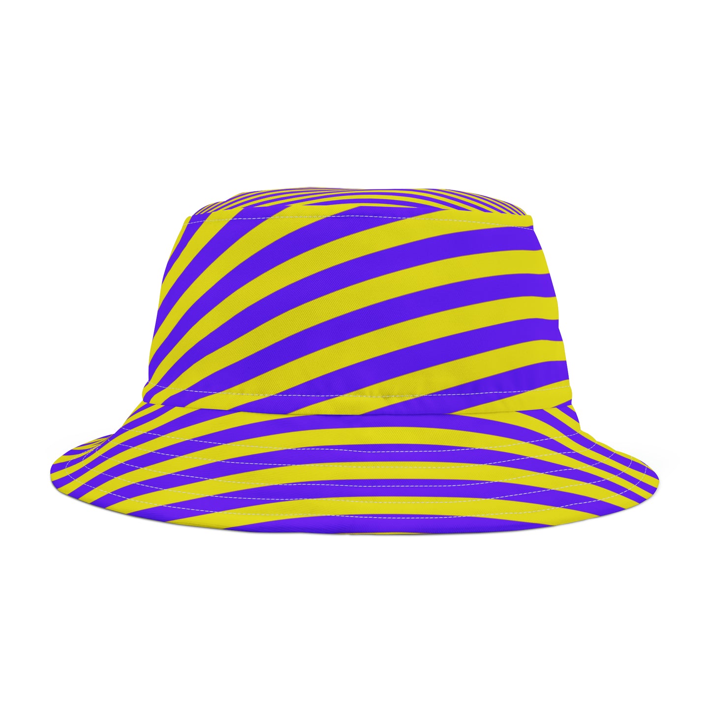 Purple and gold striped bucket hat with wide brim and retro design, displayed on a neutral backdrop—perfect unlicensed accessory for spirited Seattle gamedays.