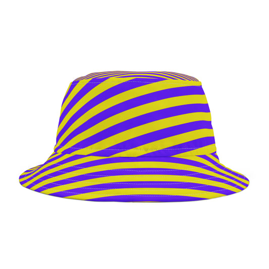 Purple and gold striped bucket hat with wide brim and retro design, displayed on a neutral backdrop—perfect unlicensed accessory for spirited Seattle gamedays.