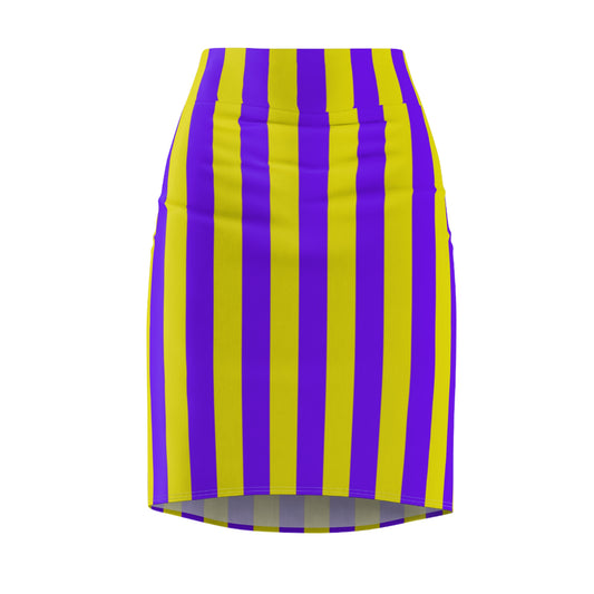 Front view of high-waisted skirt with bold purple and gold vertical stripes, styled with white tee and sneakers—school color spiritwear for Seattle tailgates.