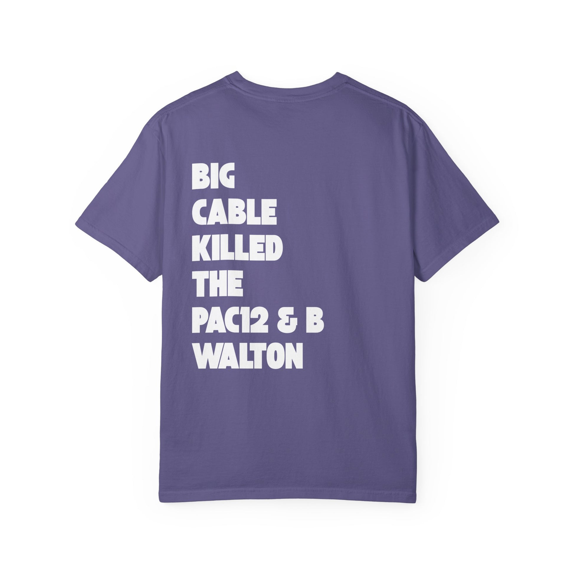 Purple tee with front football graphic and back message honoring Bill Walton and calling out Big Cable’s role in the Pac-12 fallout.