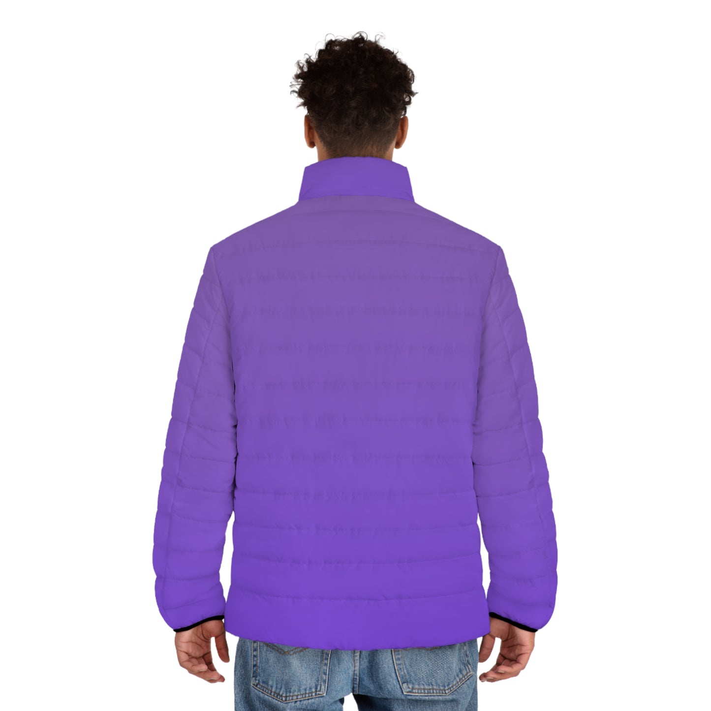 Back view of deep purple puffer coat showing full-length coverage and cozy fit, worn in an outdoor stadium setting for a chilly Seattle gameday.