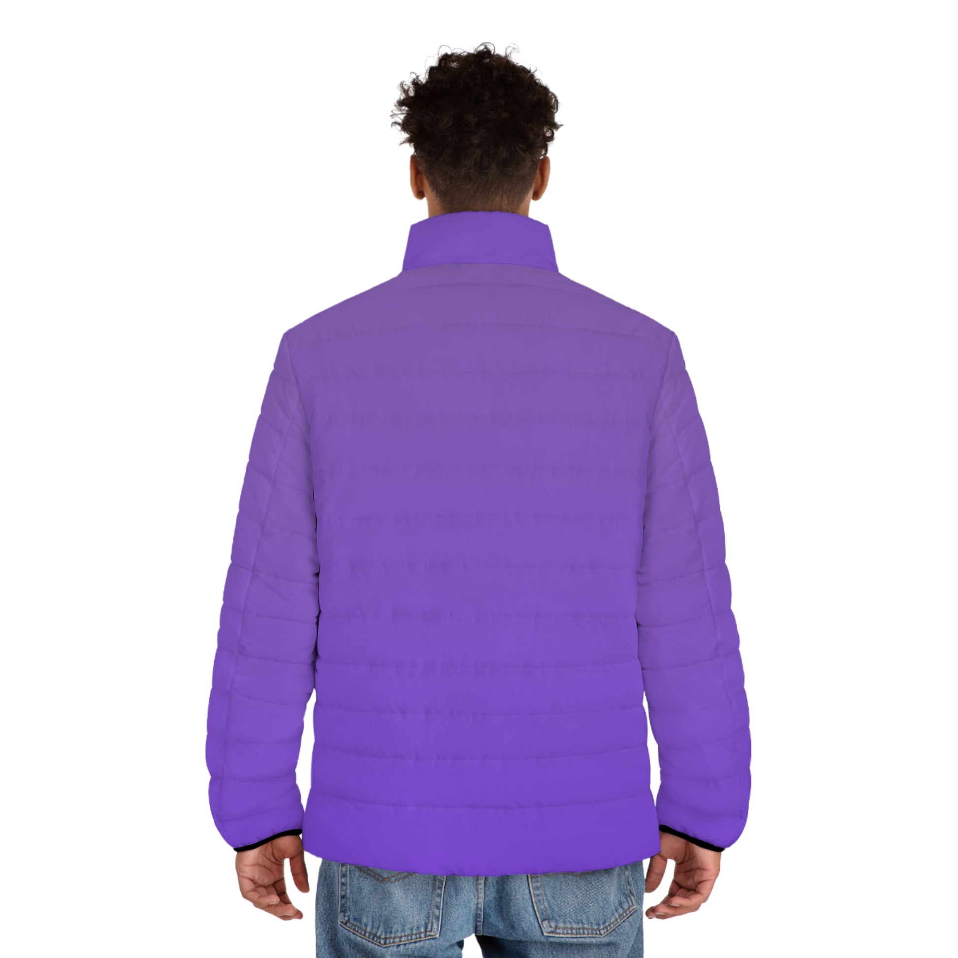 Back view of deep purple puffer coat showing full-length coverage and cozy fit, worn in an outdoor stadium setting for a chilly Seattle gameday.