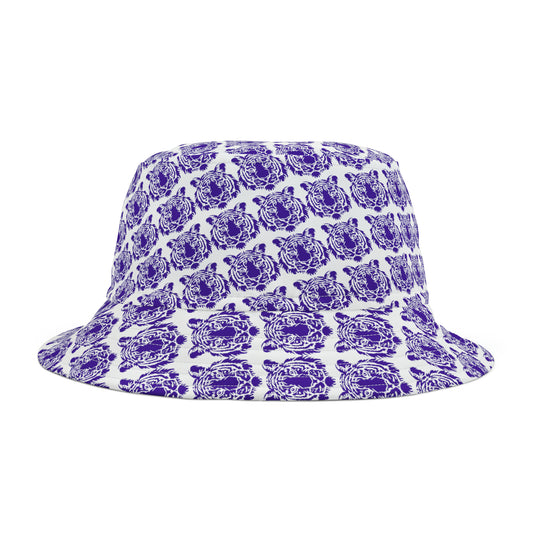 Front view of purple tiger-print bucket hat styled for Baton Rouge gameday—bold, breathable, and full of fierce tailgate energy