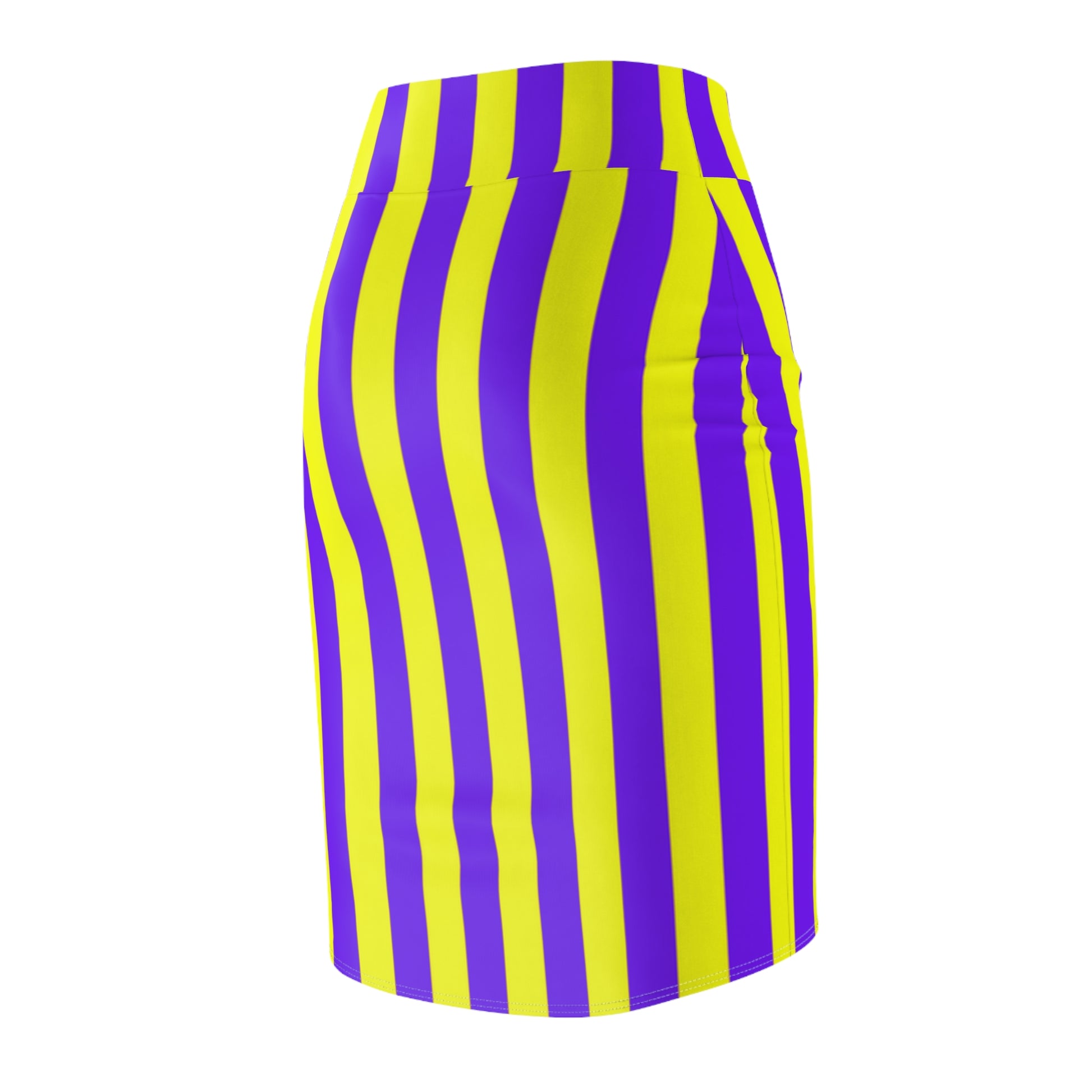 Back view of purple and yellow striped gameday skirt showing ruffle detail and flattering fit—perfect for Southern football fashion