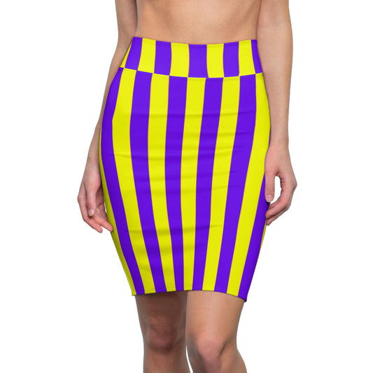 Front view of yellow and purple striped skirt styled for Baton Rouge gameday—flouncy, bold, and SEC tailgate-ready
