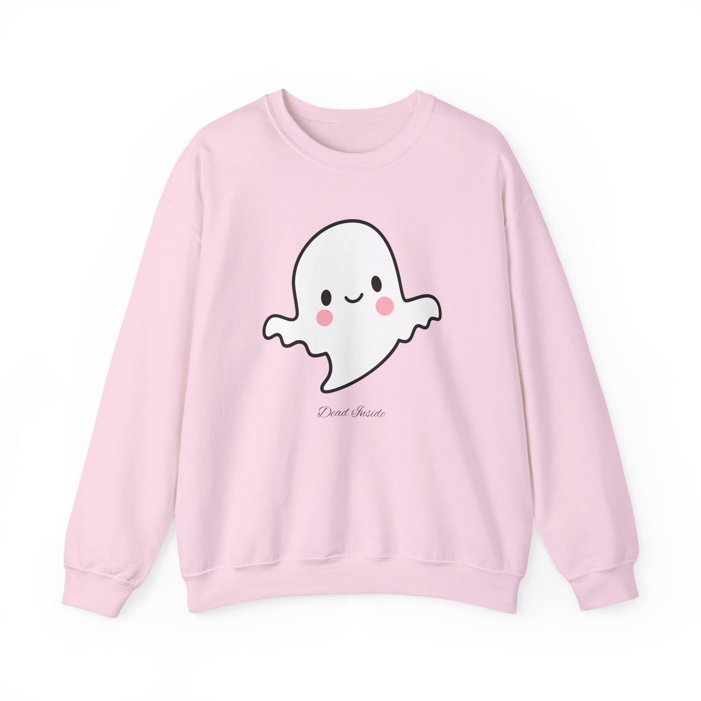 Pink Halloween sweatshirt with QT ghost graphic and “dead inside” message, styled for cozy spooky season looks.