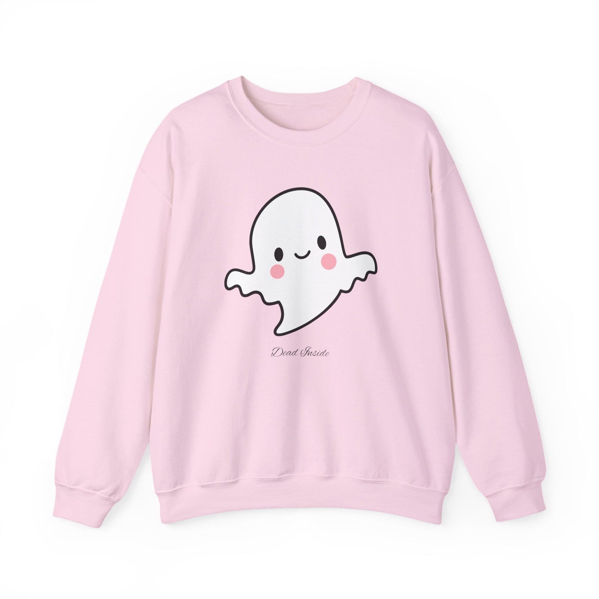 Pink Halloween sweatshirt with QT ghost graphic and “dead inside” message, styled for cozy spooky season looks.
