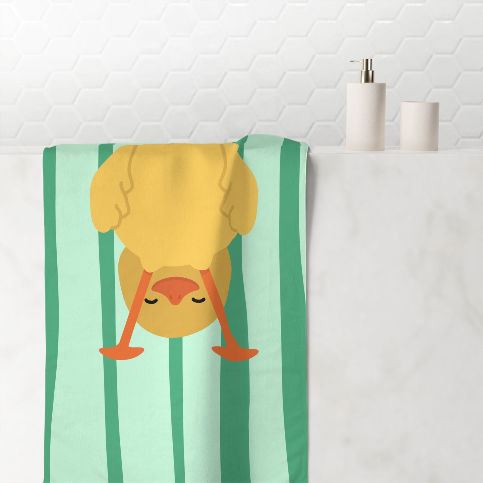 Funny towel featuring flipped duck on striped green background – bold college-inspired bath accessory