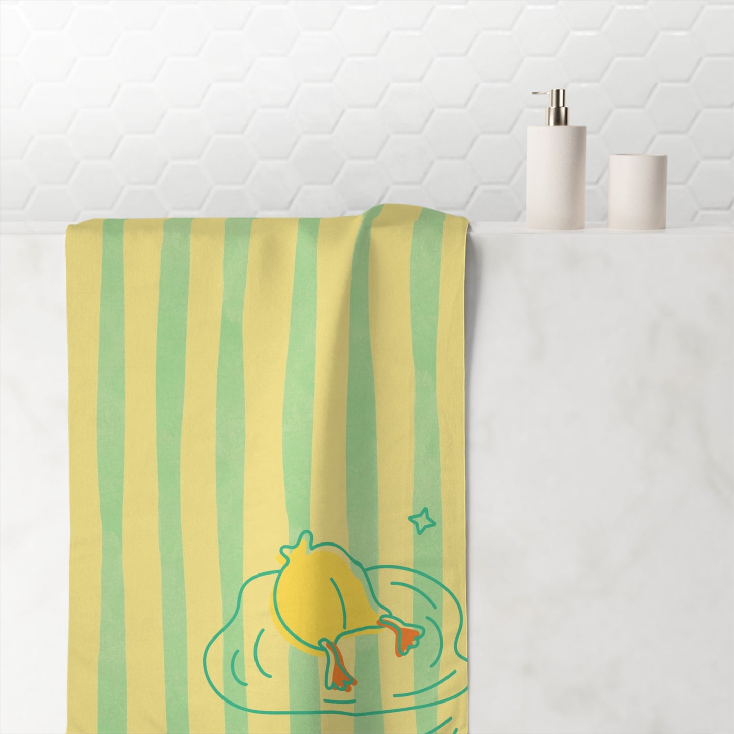 Funny towel with playful duck mid-splash on green and yellow striped pattern – bold home accessory for expressive spaces