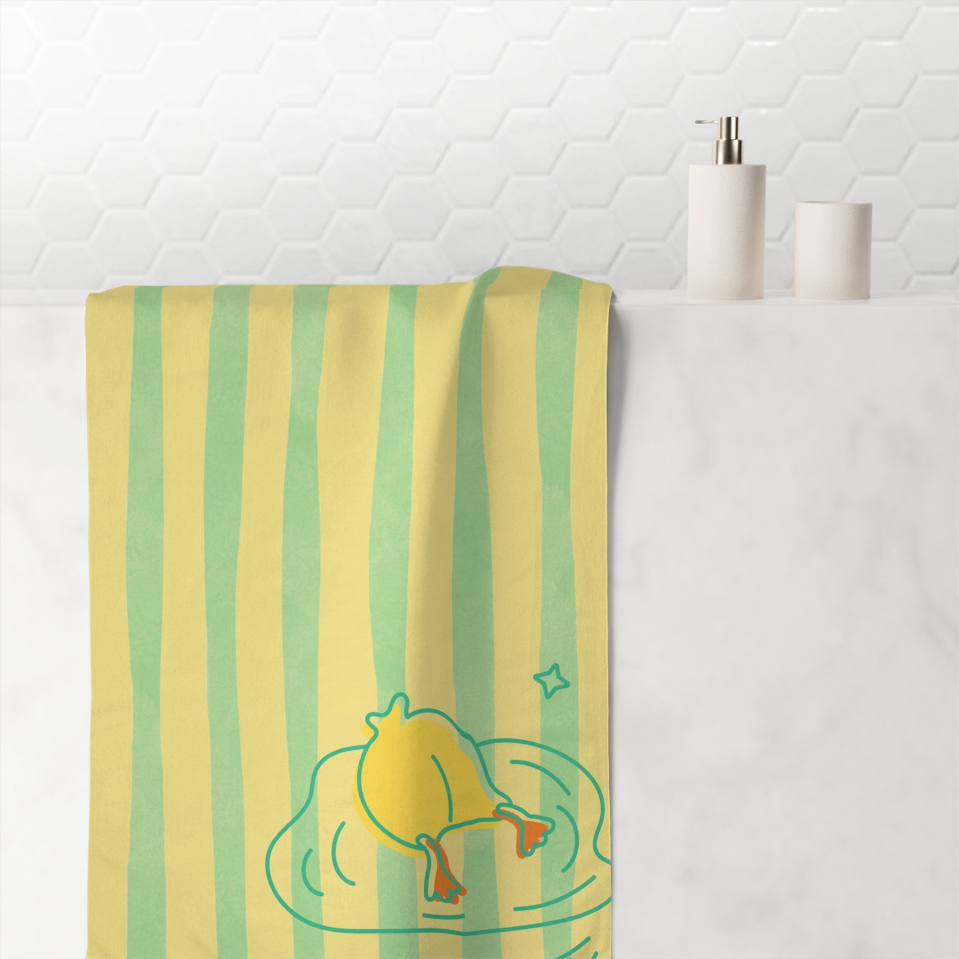 Funny towel with playful duck mid-splash on green and yellow striped pattern – bold home accessory for expressive spaces