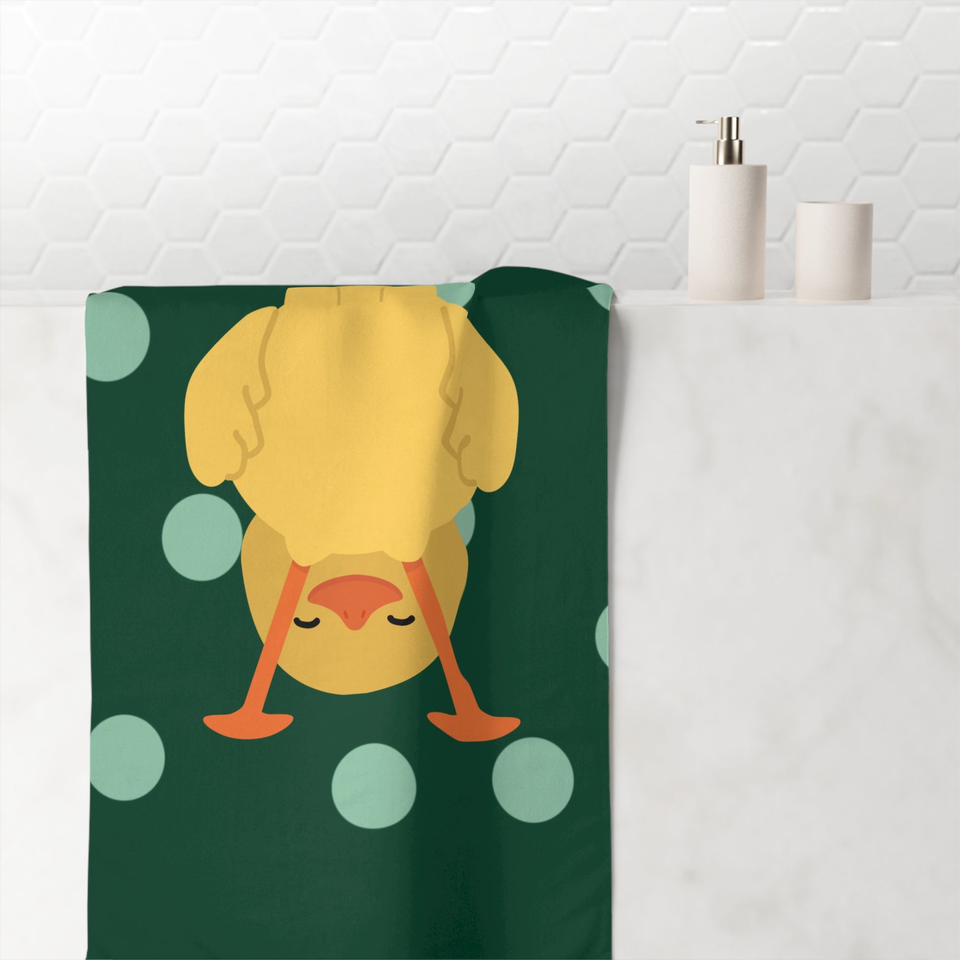 Funny bath towel with flipped duck design over bold green dots – spirited style for dorm rooms and expressive home decor
