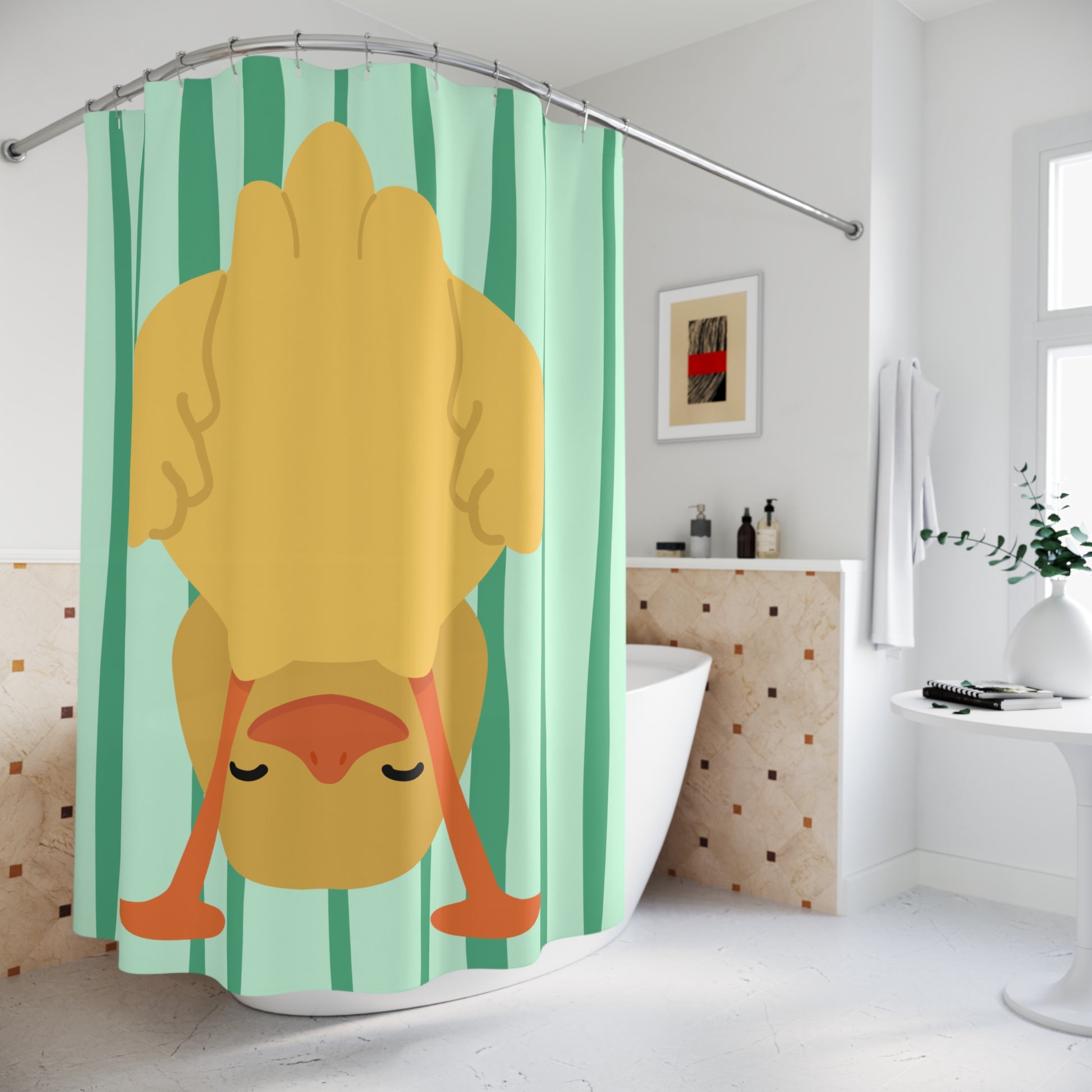 Funny and bold duck design on green background, perfect for student apartment bathrooms