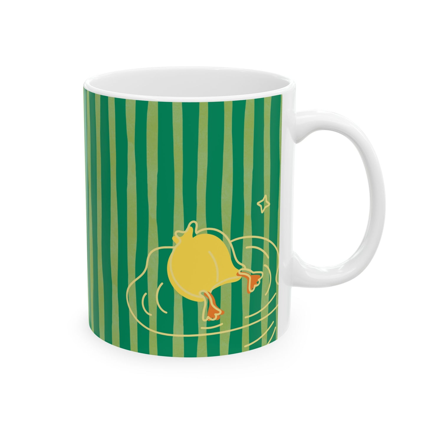 Playful duck coffee mug styled on dorm counter with cozy campus vibe and striped design