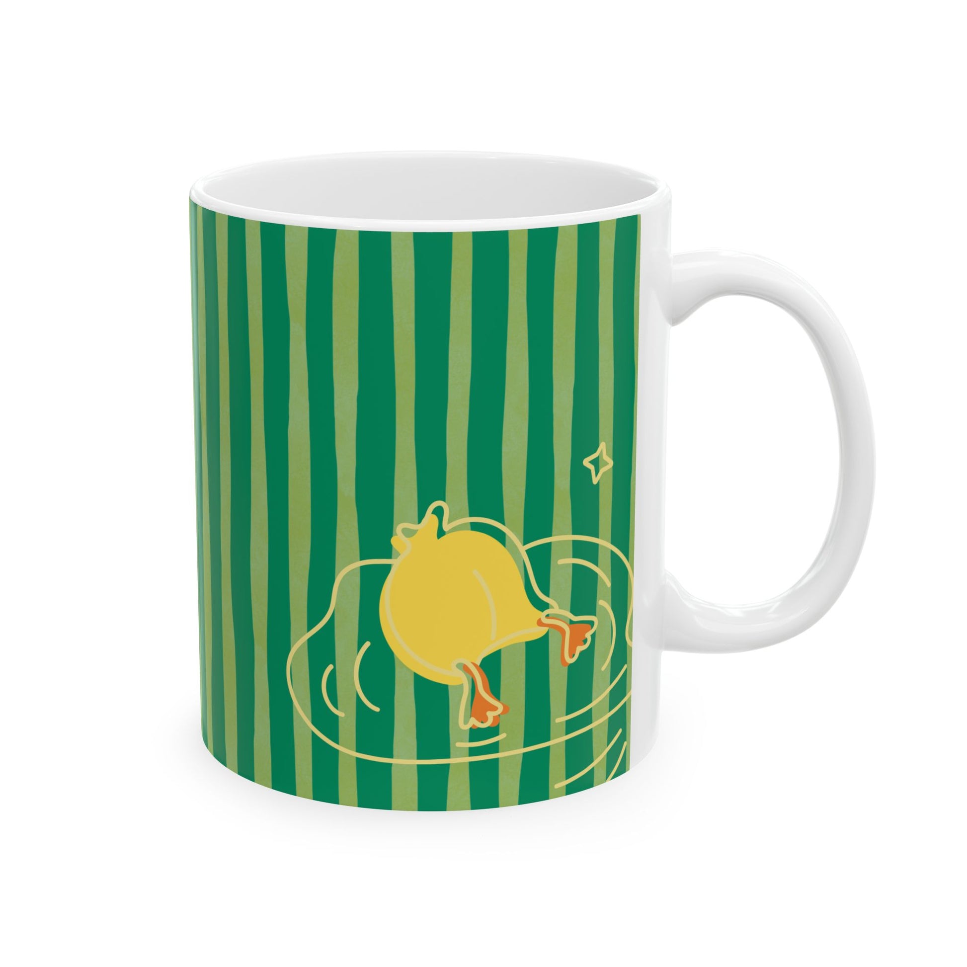 Playful duck coffee mug styled on dorm counter with cozy campus vibe and striped design