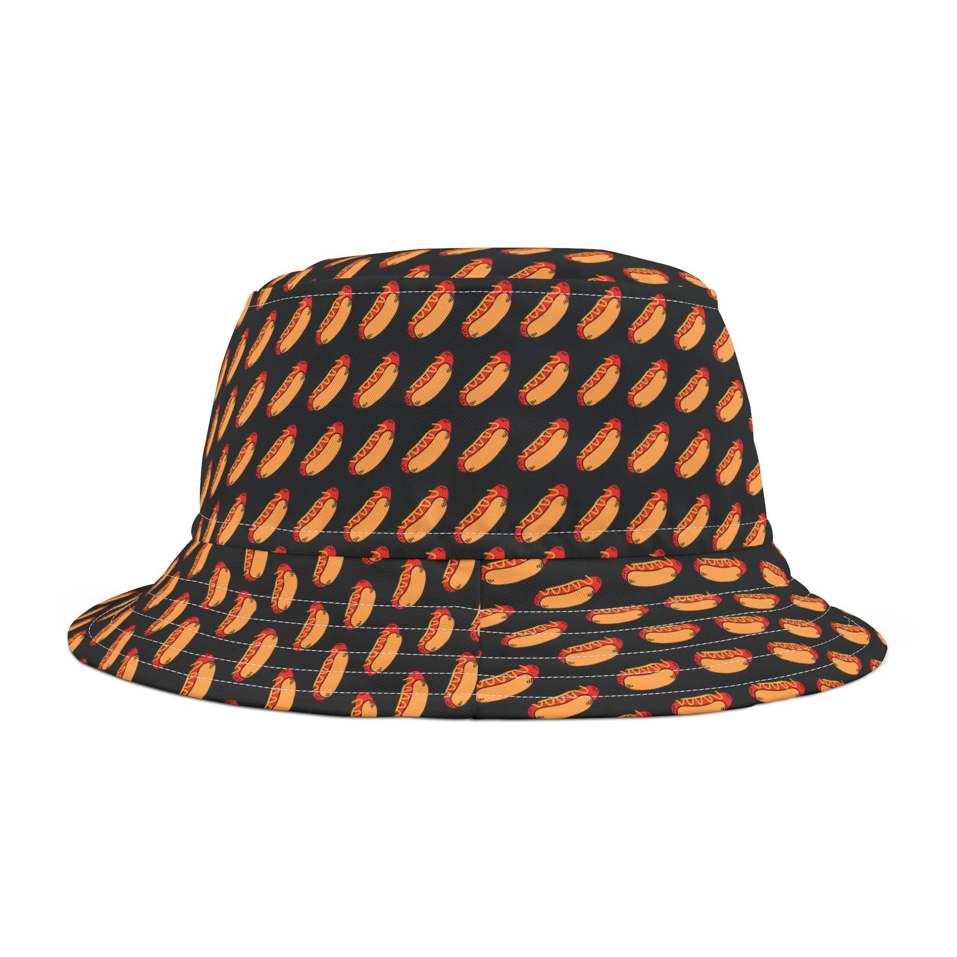Cool black bucket hat showcasing a playful hot dog graphic—fun, festive, and full of Fourth of July spirit.