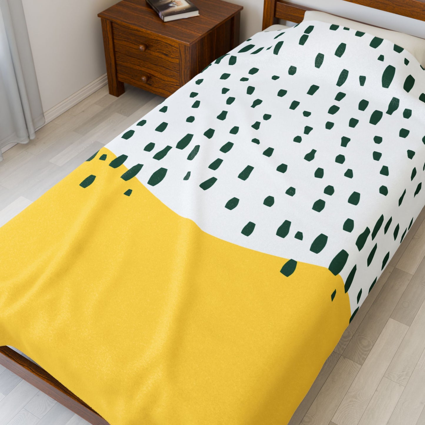 Close-up of plush texture with midcentury rain motif in yellow and green