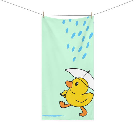 Bathroom towel featuring rainy day duck illustration on mint green background – cozy and whimsical decor for dorms and expressive homes
