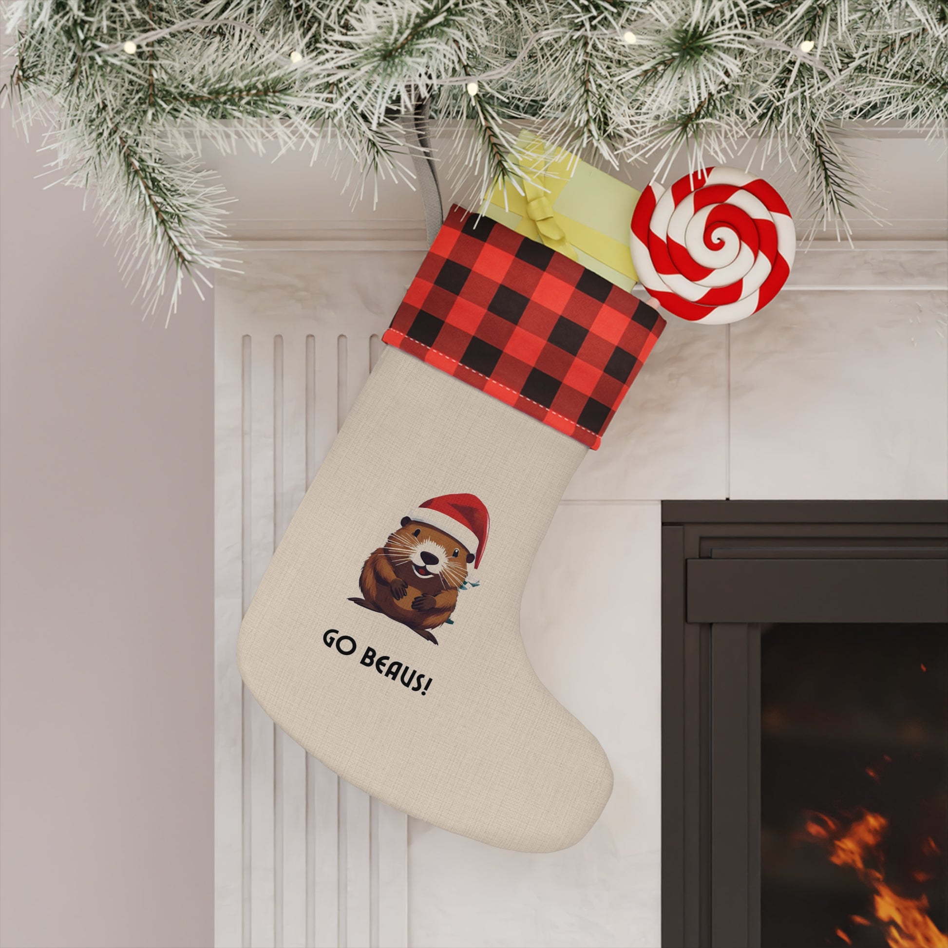 Lifestyle view of red and black buffalo plaid stocking with playful beaver design—perfect for Corvallis Christmas decor
