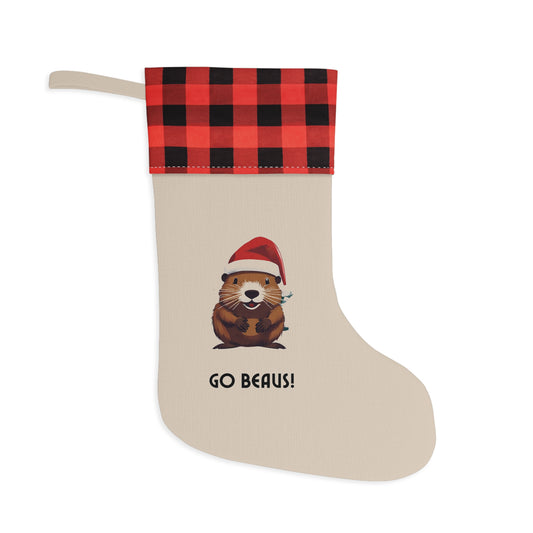 Front view of red plaid Beaver Christmas stocking with Santa beaver graphic—festive holiday decor styled for Oregon State fans