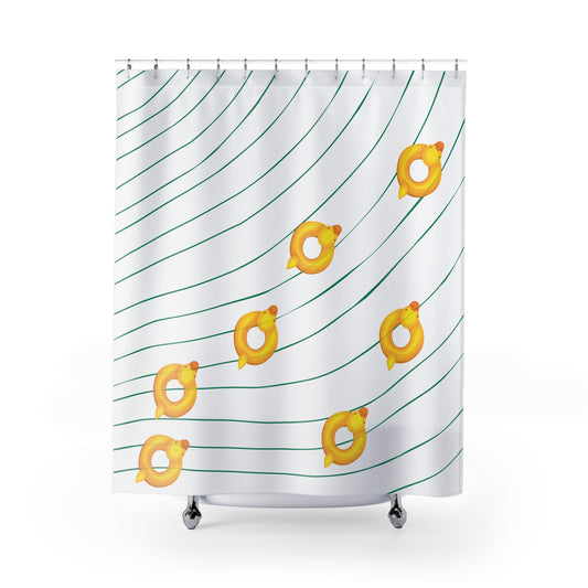 Butter yellow shower curtain with cute duck floaties and retro line design for college dorm bathrooms