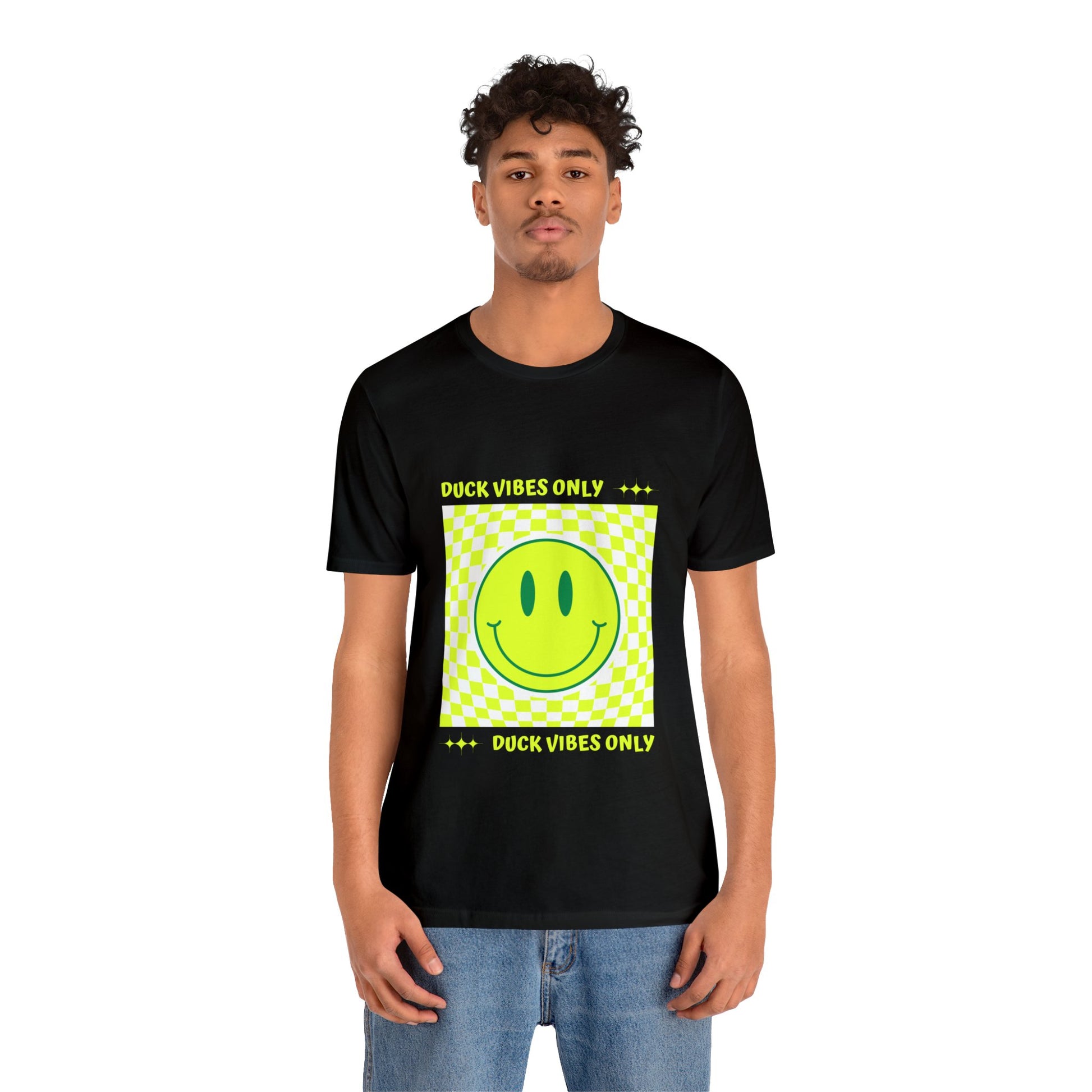 Retro "Duck Vibes Only" Black T-Shirt styled at a football stadium, blending casual comfort with bold fan energy.