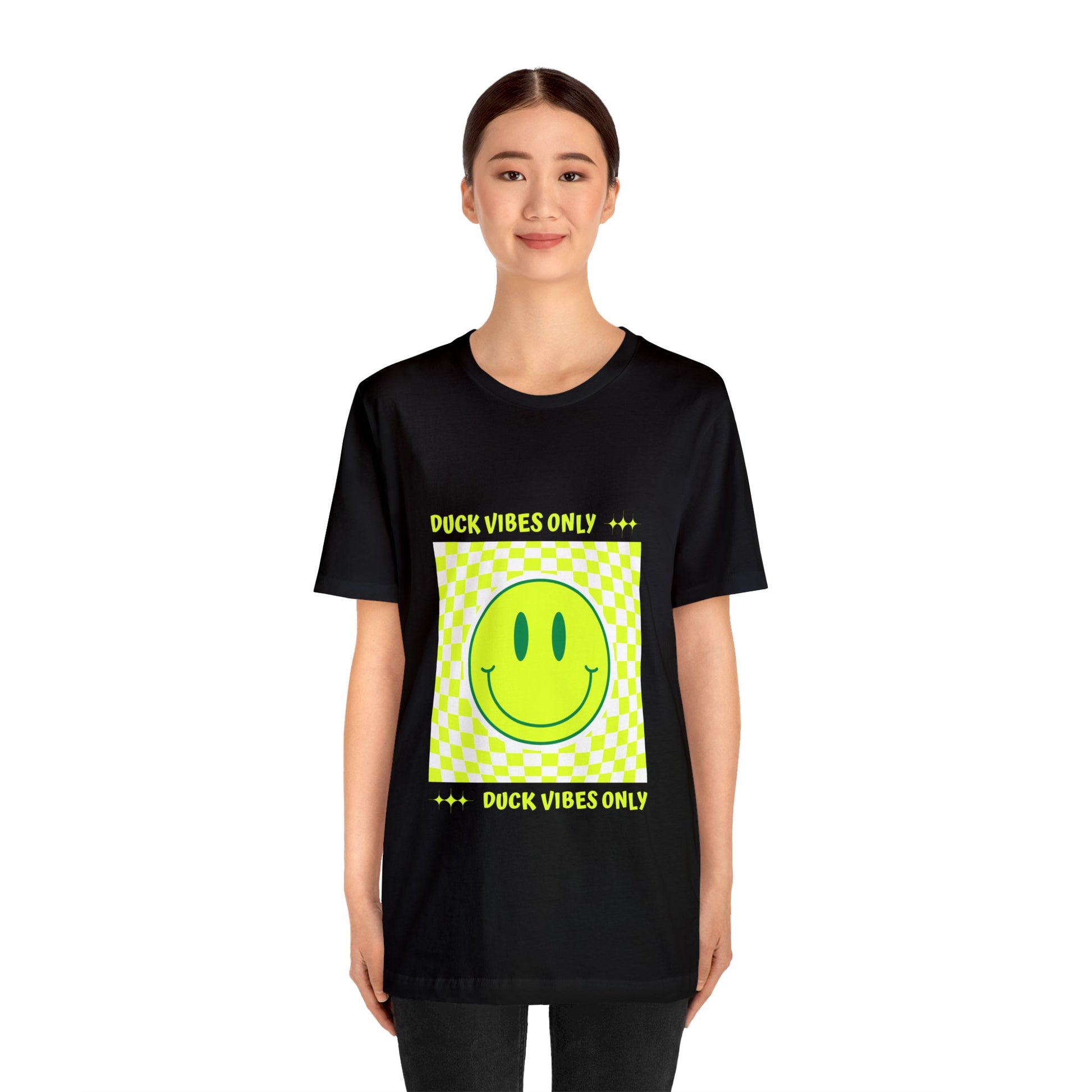 Retro "Duck Vibes Only" Black T-Shirt worn at a football tailgate, adding a fun and sporty touch to a game-day outfit.